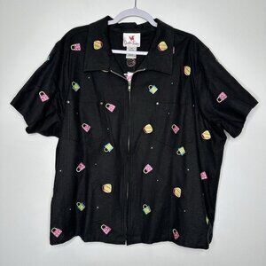 Quacker Factory Linen Shirt‎ Sz 2X Purse Embroidered Black